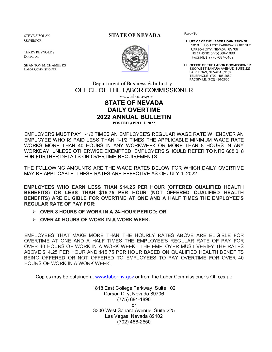 Free State of Nevada Daily Overtime Annual Bulletin 2023