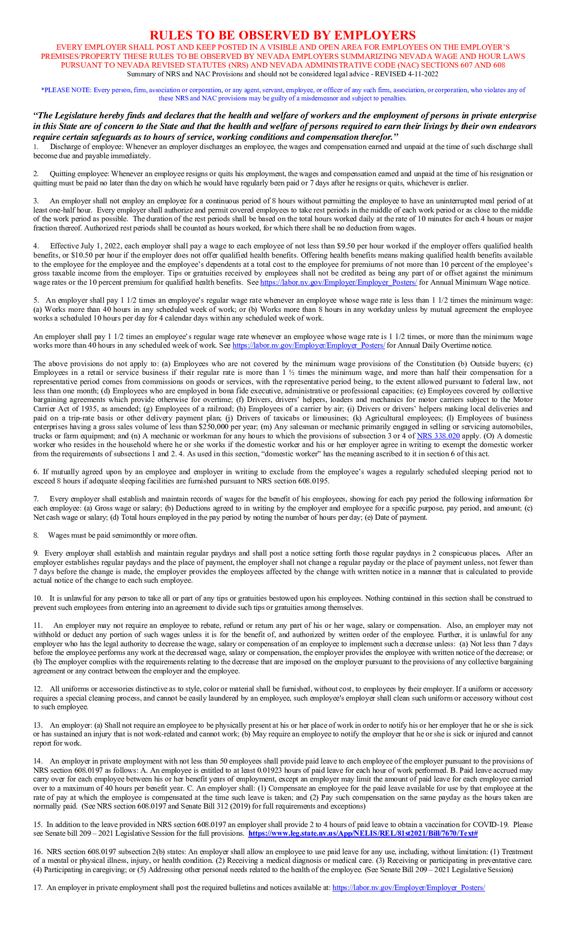 Free Nevada Rules to be Observed by Employers Labor Law Poster 2023