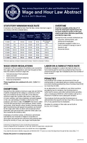 Free New Jersey New Jersey State Wage and Hour Law Abstract PDF (Minimum Wage Law Poster)
