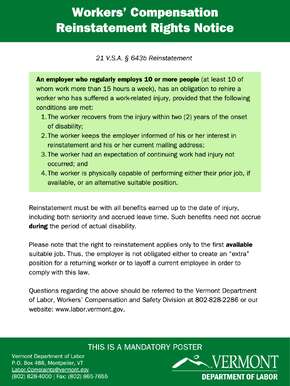 Free Vermont Notice of Workers' Compensation Reinstatement Rights PDF