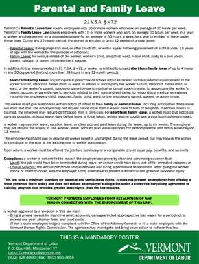 Free Vermont Parental Leave, Family Leave, and Short-Term Family Leave in the State of Vermont PDF