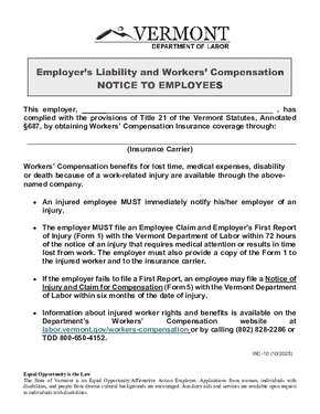 Free Vermont Vermont Employer's Liability and Workers' Compensation PDF