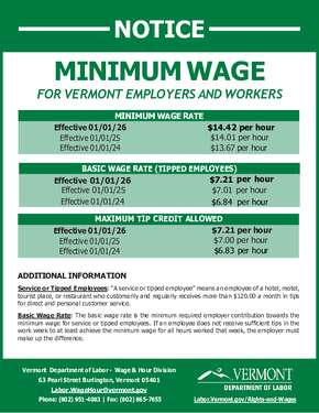Free Vermont Minimum Wage in the State of Vermont PDF (Minimum Wage Law Poster)