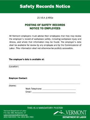 Free Vermont Posting of Safety Records Notice to Employees PDF