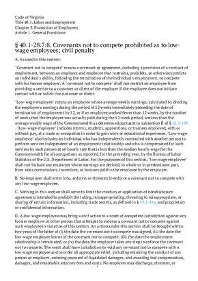 Free Virginia Covenants Not to Compete Prohibited as to Low-Wage Employees PDF