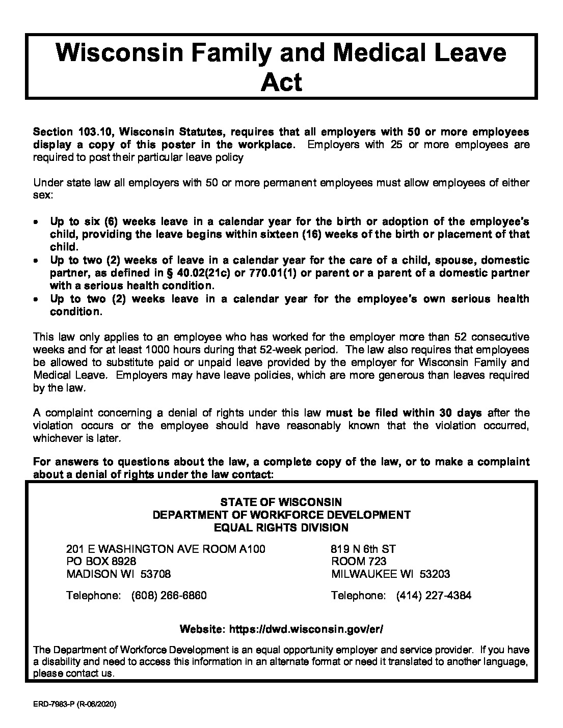 Free Wisconsin Family And Medical Leave Law Labor Law Poster 2023